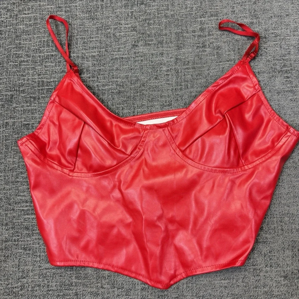Shein Red Faux Leather Crop Top Womens Small Y2K Cami Zip Back Clubwear